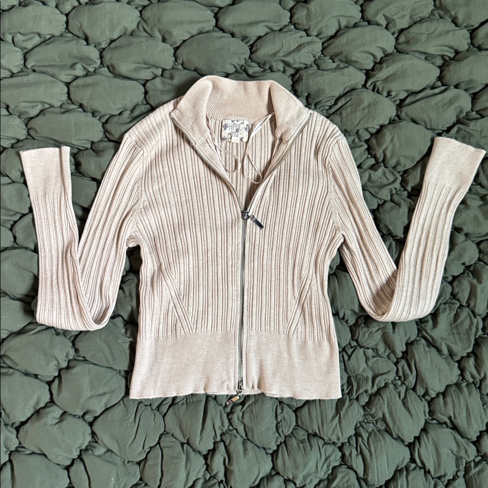 Hippie Rose Beige Ribbed Zip-Up top